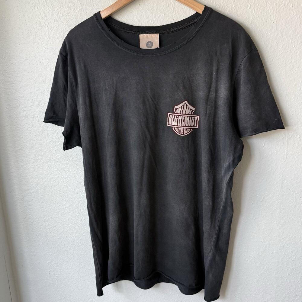 Alchemist Miami F****** Beach Raw Hem Sun Faded Black T-Shirt Men’s Size Large
